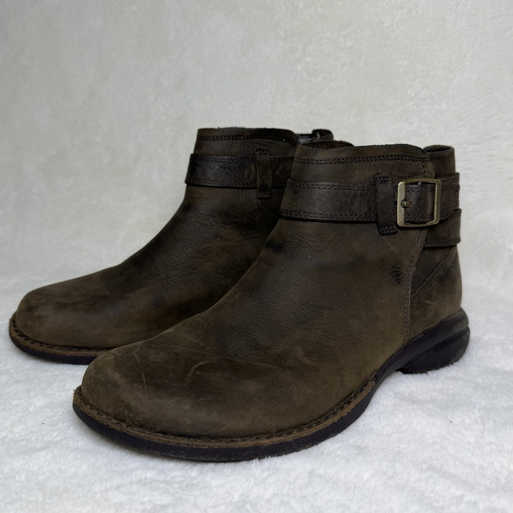 Merrell Andover Brown Leather Flat Ankle Booties Size 6 Buckle Zip Fall Coffee